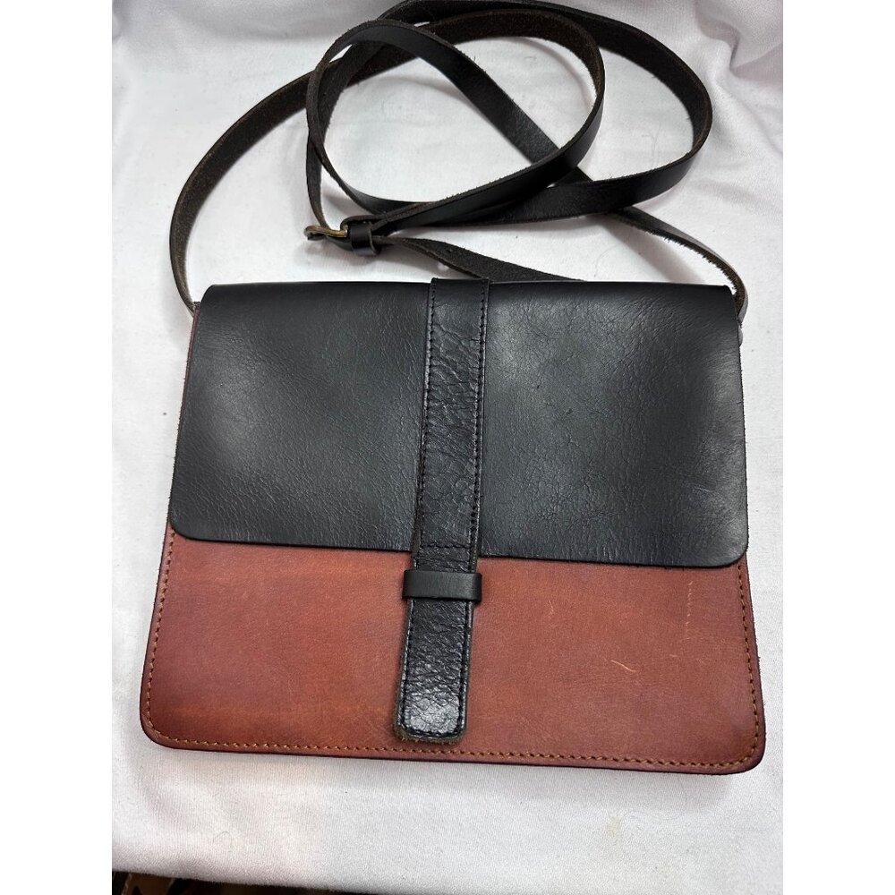 ZARA Genuine Leather Crossbody Bag Brown Black Two Tone Minimalist Small Purse